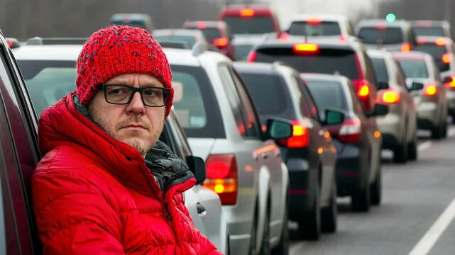 A man in a bright red outfit sits in a car, looking frustrated at a traffic jam on a cold day.