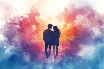 Silhouette Of A Couple Standing Back-To-Back Against A Vibrant Watercolor Background.