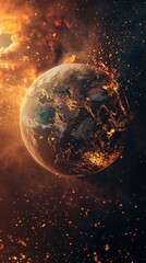 Obraz premium The background with planet Earth engulfed in fire and space debris will be useful for sci-fi films, video games, book covers about space disasters, and feature articles about global climate change.
