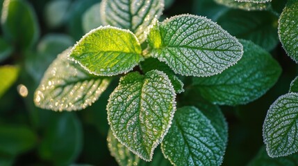 Frosted green leaves in early morning light showcasing delicate ice crystals