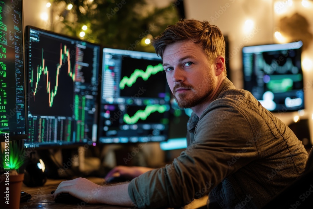 Aufkleber a focused male trader analyzes stock market data on multiple computer screens, illuminated by warm a