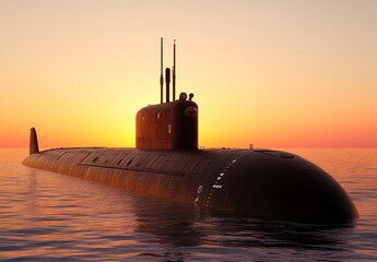 Dark submarine floats on orange sunset ocean water. Silhouette of military vessel at golden hour, calm sea. Epic seascape, underwater warfare, naval