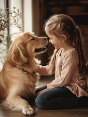 Fototapeta na wymiar A girl is petting a golden retriever