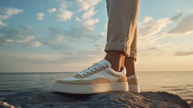 Sneakers icon styled with man in chinos against serene backdrop