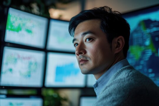 Focused man analyzes data on multiple screens, deep in concentration and contemplation.