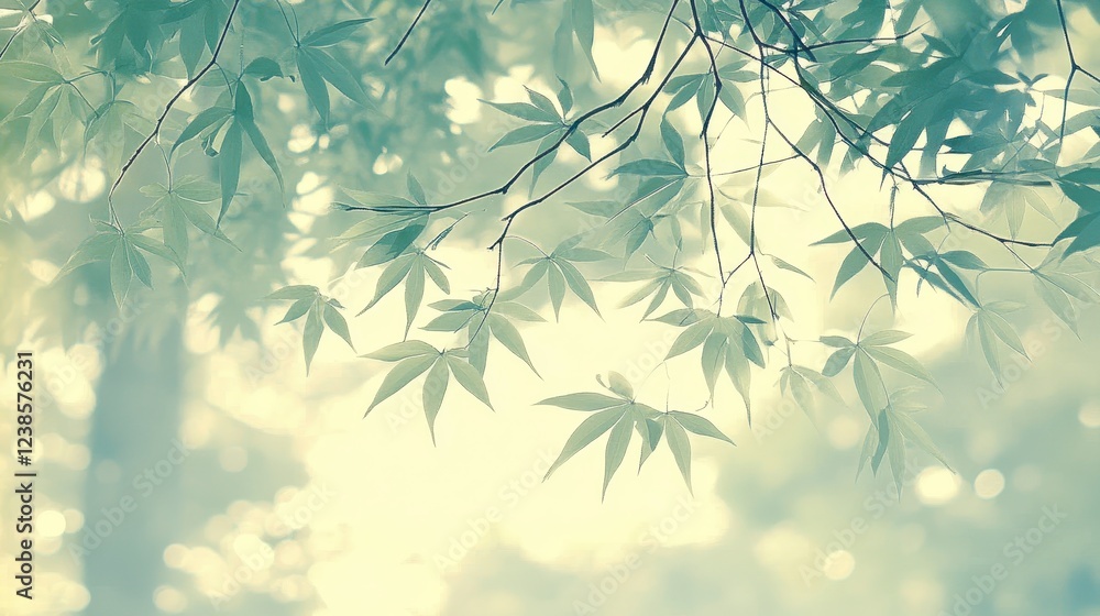 Poster soft light filters through delicate green maple leaves, creating a serene and dreamy atmosphere. the