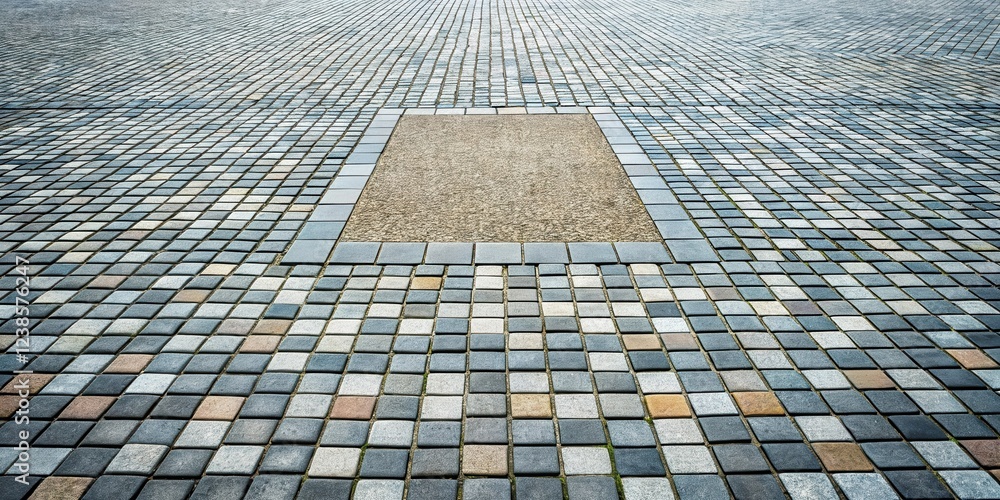 Poster a perspective view of a multicolored stone pavement with a central inset of a different texture
