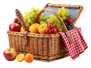 Picnic basket full of fruit isolated on Transparent Background.