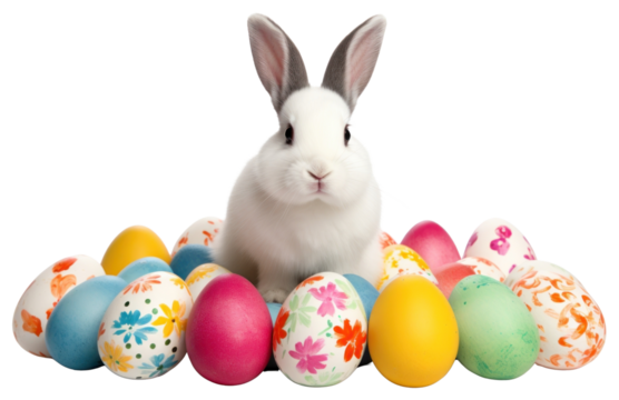 PNG Rabbit sitting easter eggs bunny colorful celebration.