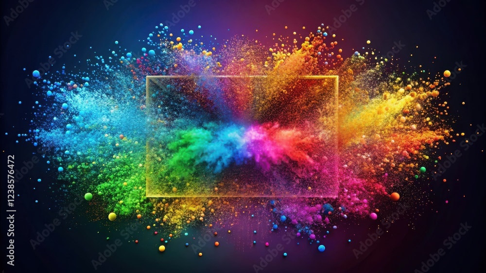 Poster Vibrant Rainbow Powder Explosion with a Transparent Rectangular Frame