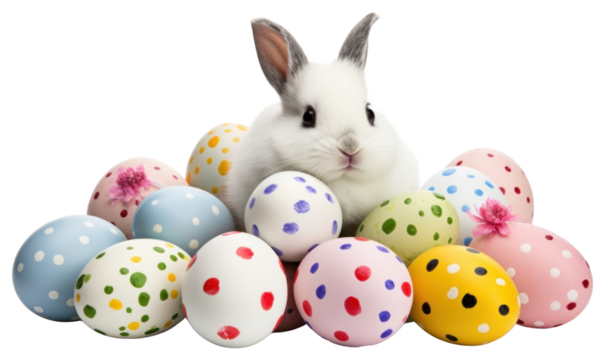 PNG Rabbit sitting easter eggs colorful patterns bunny.