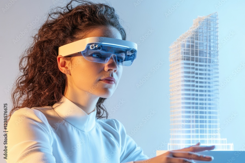 Poster a woman uses augmented reality glasses to visualize and interact with a 3d model of a skyscraper.