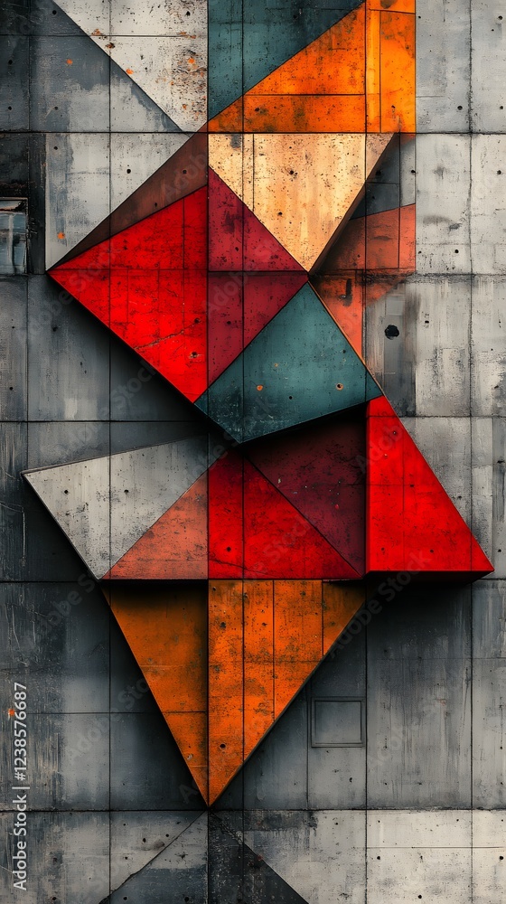 Poster geometric concrete art installation. vibrant colors and sharp angles create a striking visual.