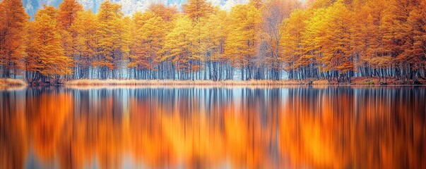 Lake reflections nature concept. Serene autumn landscape with vibrant orange reflections on calm water surface.