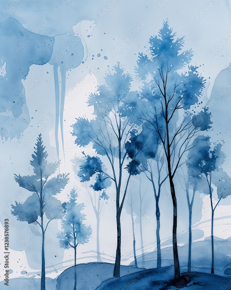 Aufkleber light blue with abstract watercolor trees and subtle paint strokes flowing through abstract backgrou