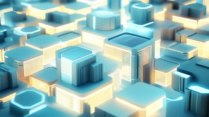 Obraz premium Futuristic digital cityscape with glowing structures and abstract grid design.