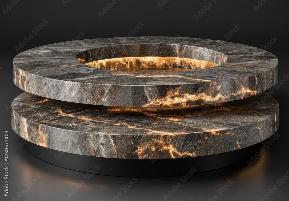 Aufkleber abstract 3d rendering of a double ring structure with a dark gray marble texture and warm gold inner