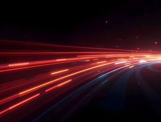 Obraz premium Red speed light horizontal straight line on black background. Realistic vector illustration of abstract neon or laser glow motion effect. Long dynamic flare beam and ray with sparkle in movement.