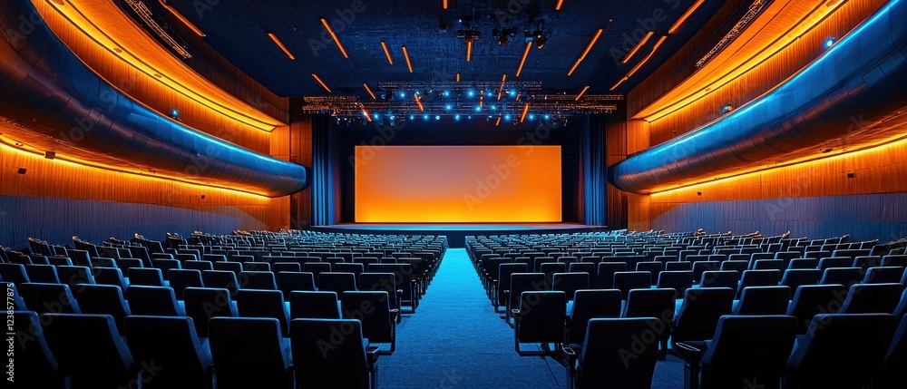 Poster spacious event hall with empty chairs and stage, illuminated by vibrant orange and blue lights, crea