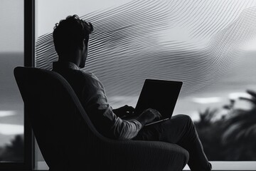 A man sits in a chair, working on his laptop, enjoying the view from a large window.