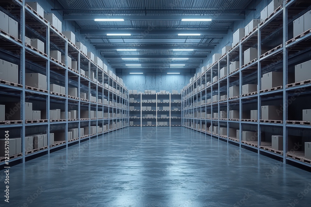Poster spacious warehouse filled with empty shelves and boxes, illuminated by bright lights, creating sense