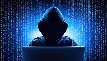  silhouette of hooded criminal hacking computer on binary code background cyber crime concept