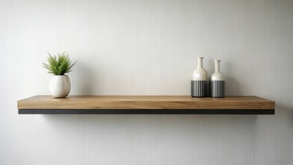Modern minimalist floating shelf with potted plant and decorative vases