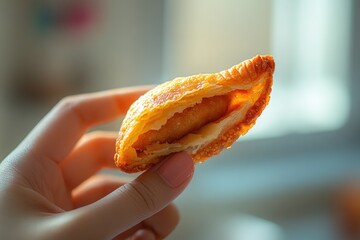A hand holds a golden-brown, flaky pastry with a sweet filling, tempting and delicious.
