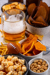 Beer and different snacks for Superbowl or football party