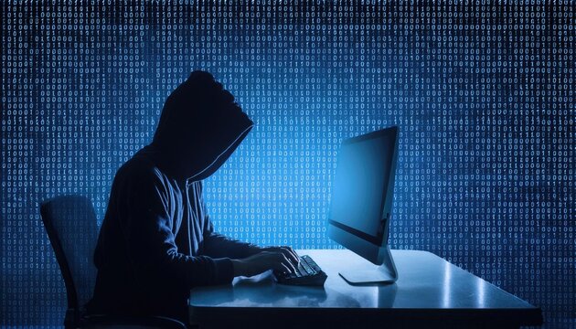  silhouette of hooded criminal hacking computer on binary code background cyber crime concept