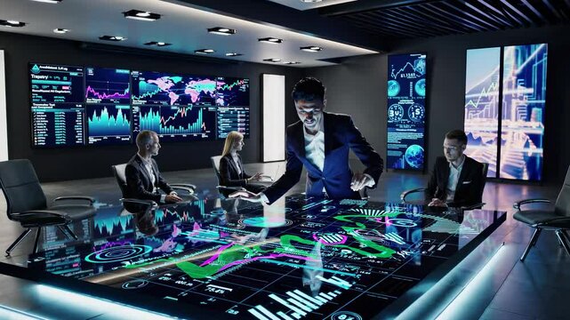 Meeting on financial analysis with advanced technology and data visualization in modern office setting