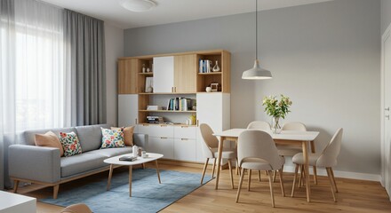 A bright, modern living and dining area with Scandinavian-style furniture, soft colors, natural light, and wooden accents, creating a cozy and stylish atmosphere.