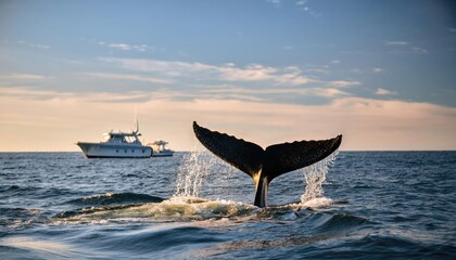 Fototapeta premium Whale tail breaches the ocean surface near a whale watching boat in sunny marine waters during a vibrant summer day