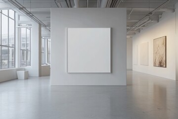 A Mockup of a blank white picture frame on the wall in a minimalist and modern art gallery with a clean and sophisticated interior.