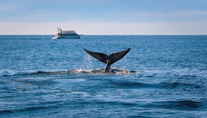 Naklejka premium Whale tail breaches the ocean surface near a whale watching boat in sunny marine waters during a vibrant summer day