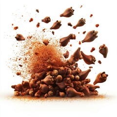 Aromatic cloves with a splash of rich spice dust, isolated on white background
