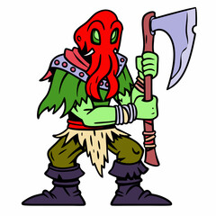 Fantasy Creature with Tentacle Head, Battle Axe, and Warrior Outfit