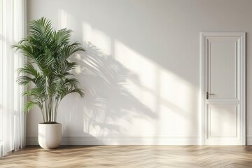 White wall mockup with plant and wooden floor. A minimalist interior featuring a single tall potted plant with lush green leaves, placed against a white wall.