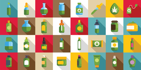 Hemp cannabinoid extract icons set. Colorful flat design icons of cannabis infused health, beauty, and wellness products highlight the growing cbd industry