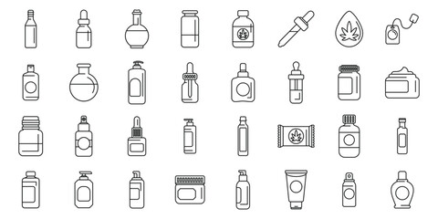 Hemp cannabinoid extract icons set. Line art vector icons showing various bottles, jars, tubes and dispensers for cbd products