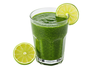Glass of green smoothie with lime and kale isolated on white background, no depth of field, sharp.