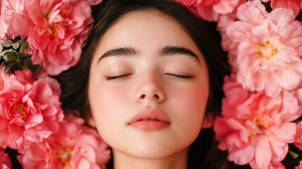 Young Asian woman surrounded by pink peonies in dreamy pose. Perfect for beauty, wellness, and natural skincare content.