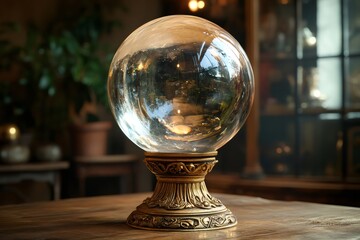 Crystal ball reflecting surroundings, sitting on golden ornate pedestal on wooden table