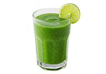 Glass of green smoothie with lime and kale isolated on white background, no depth of field, sharp.