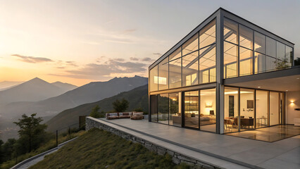 Obraz premium Ultra-High-End Glass House in Mountains with Geometric Design