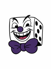 Cartoon Dice Character with Clown Face and Purple Bow Tie, Exuding Mischief