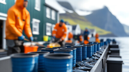 Obraz premium A lively fishing competition at the Faroes Festival in the Faroe Islands, surrounded by rugged cliffs