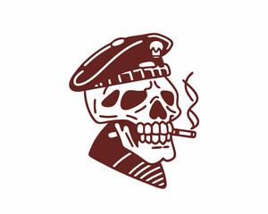 Skull with Military Hat and Cigarette, Featuring a Tough and Rebellious Look