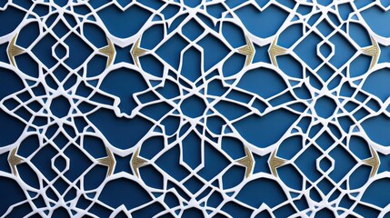 Naklejka premium A traditional Islamic geometric pattern in white and gold over a deep blue gradient background