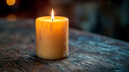A solitary candle on an old wooden table, its warm light flickering gently, creating a peaceful and contemplative atmosphere.